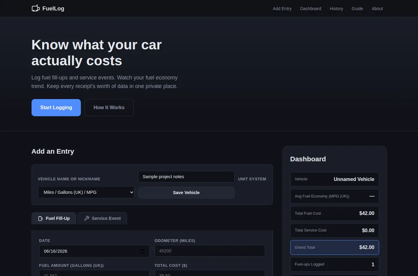 Screenshot of FuelLog – Personal Vehicle Fuel & Service Log interface showing the project page in use